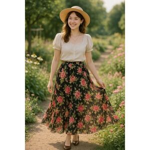 Sarah Arizona S Cottagecore Boho Prairie Farmcore Black Pink Floral Midi Skirt